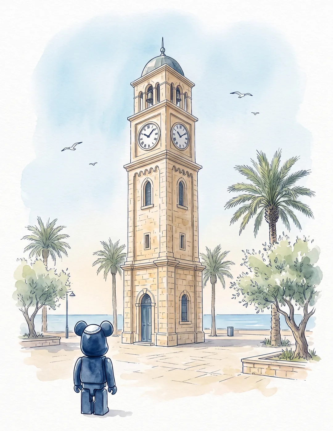 Lévy en Bearbrick devant l’horloge de Jaffa