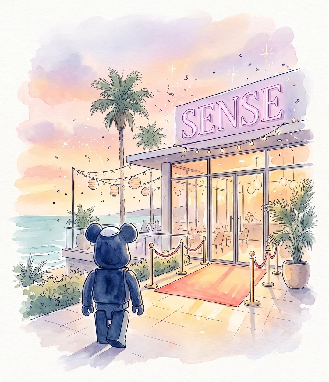 Lévy en Bearbrick, de dos, arrivant à la soirée au SENSE à Netanya