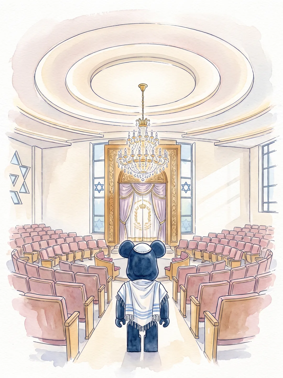Lévy en Bearbrick, de dos, en tallit dans la synagogue de Ramat Aviv